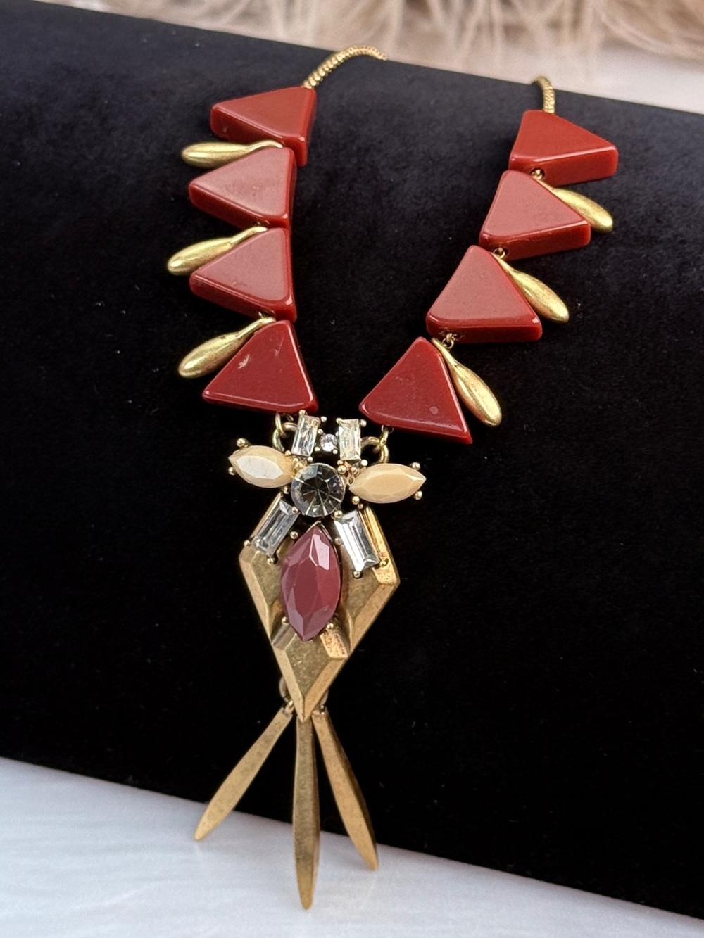 Vintage J.Crew burgundy and aged goldtone, brass tone Necklace